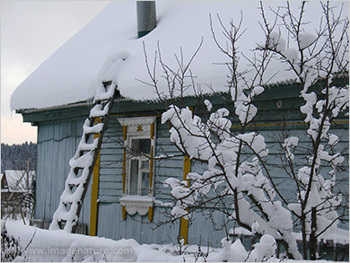 Traditional Russian wooden house under snow